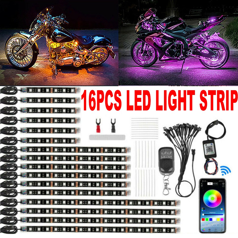 16PCS Motorcycle RGB LED Strip Light Under Glow Neon Kit Bluetooth APP Control