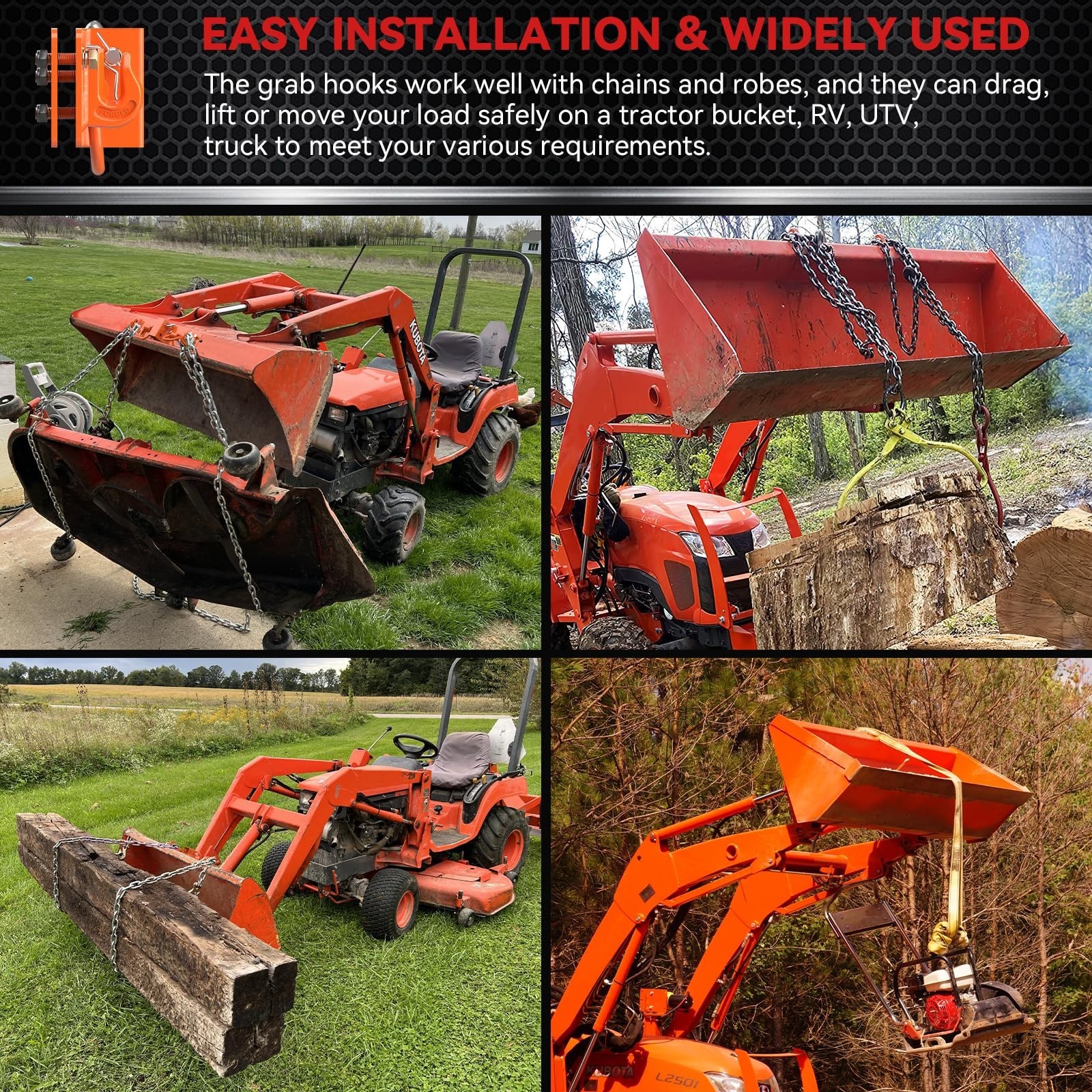 Universal Tractor Bucket Grab Hooks & D Rings – 2″ Receiver, Bolt-On, Heavy Duty