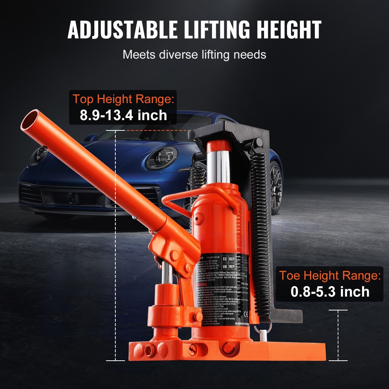 VEVOR Hydraulic Machine Toe Jack Lift Lifting Capacity 2.5 Ton Toe 5 Ton Top