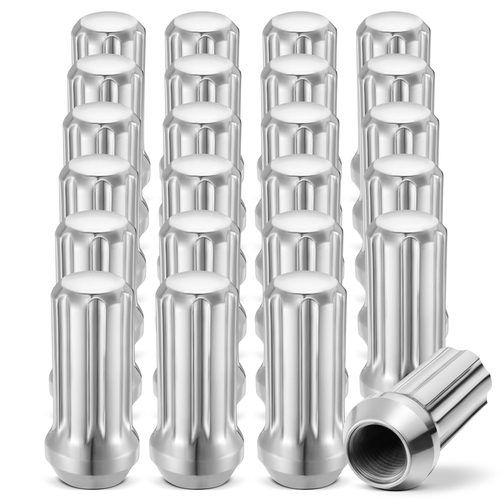24x Epoch Spline Lug Nut with Key Chrome 14mmx1.5 2″ Tall M14x1.5 Super Duty