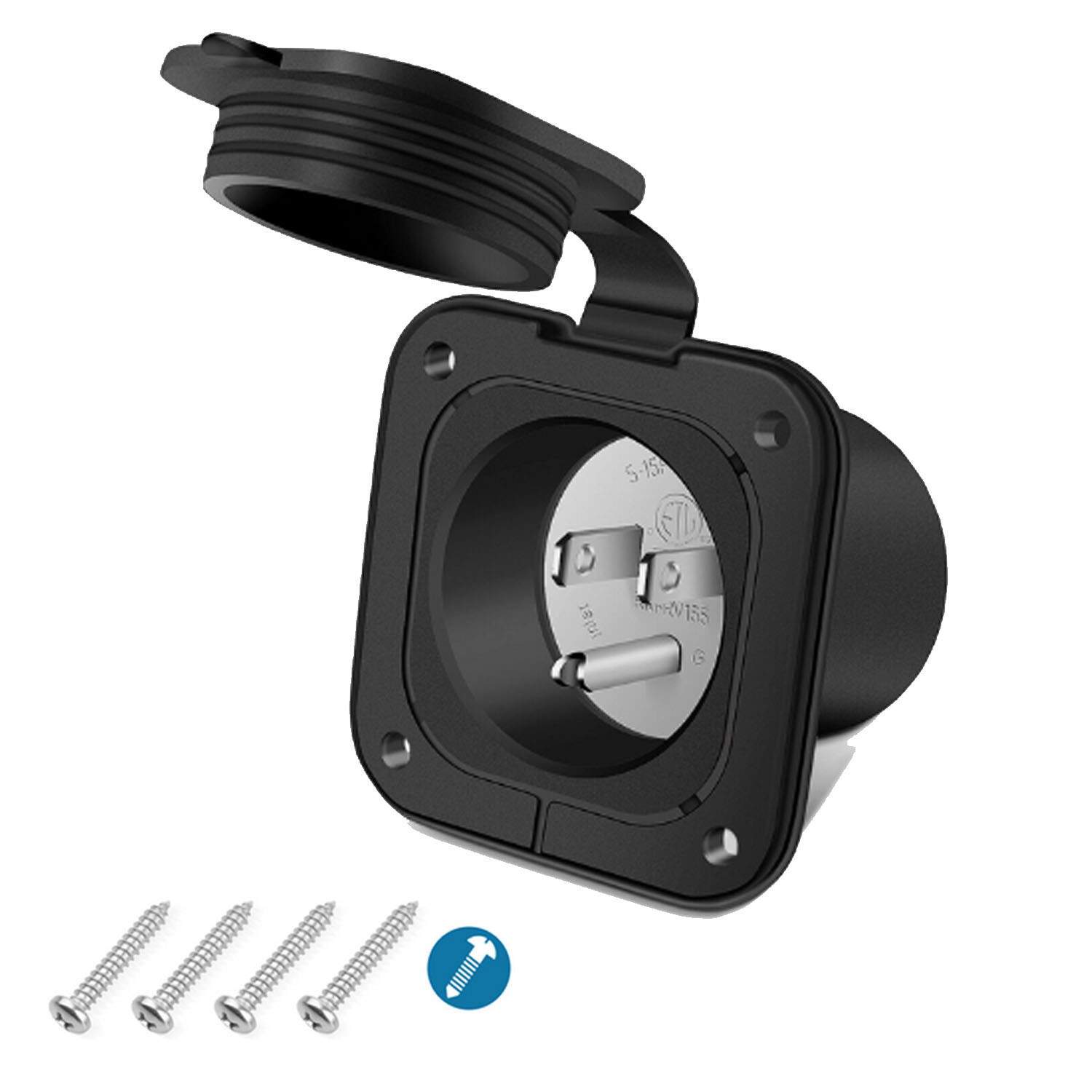 Universal RV Shore Power 15A 125V Flanged NEMA 5-15P Ac Inlet Plug 2 Pole 3-Wire