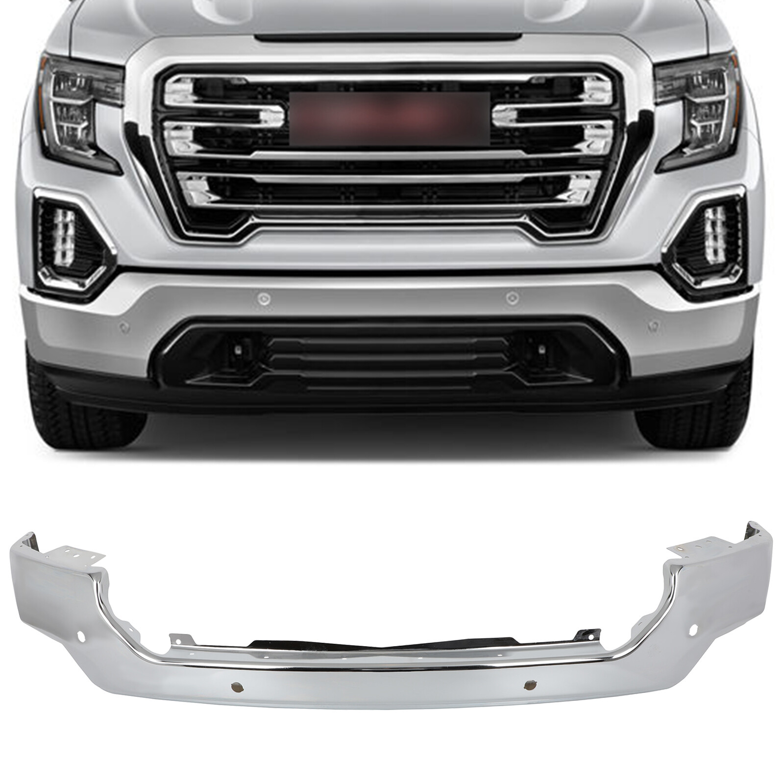 For 2019-2021 GMC Sierra 1500 NEW Chrome Steel Front Bumper Face Bar w/ Park