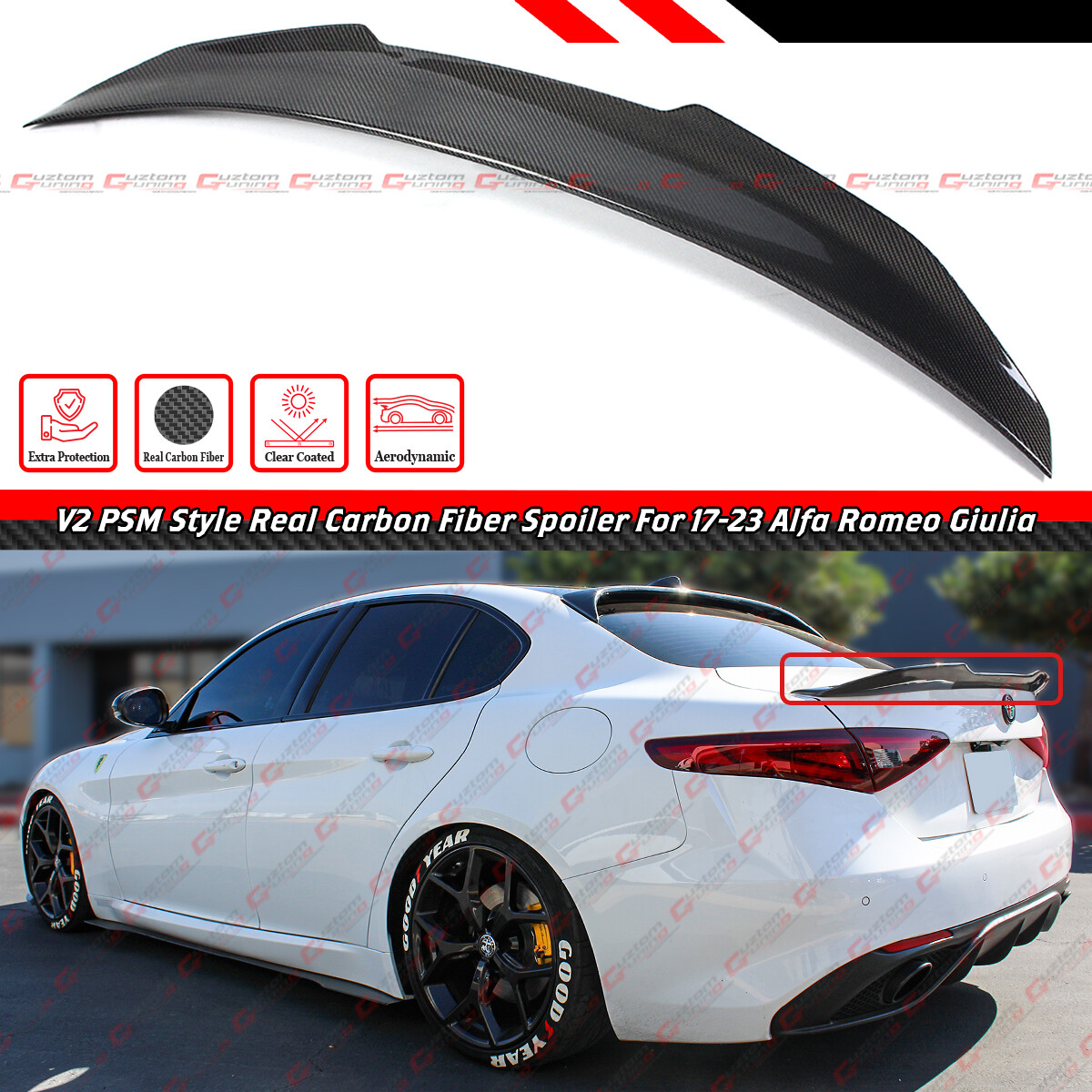 FOR 2017-2024 ALFA ROMEO GIULIA PSM V2 STYLE CARBON FIBER HIGHKICK TRUNK SPOILER