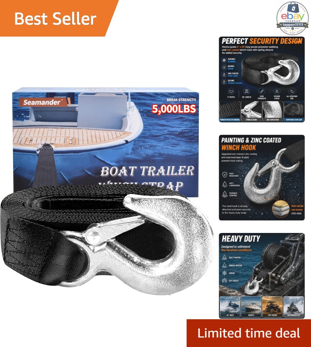 5000 LBS Boat Trailer Winch Strap 2 Inch x 20 FT Safety Hook