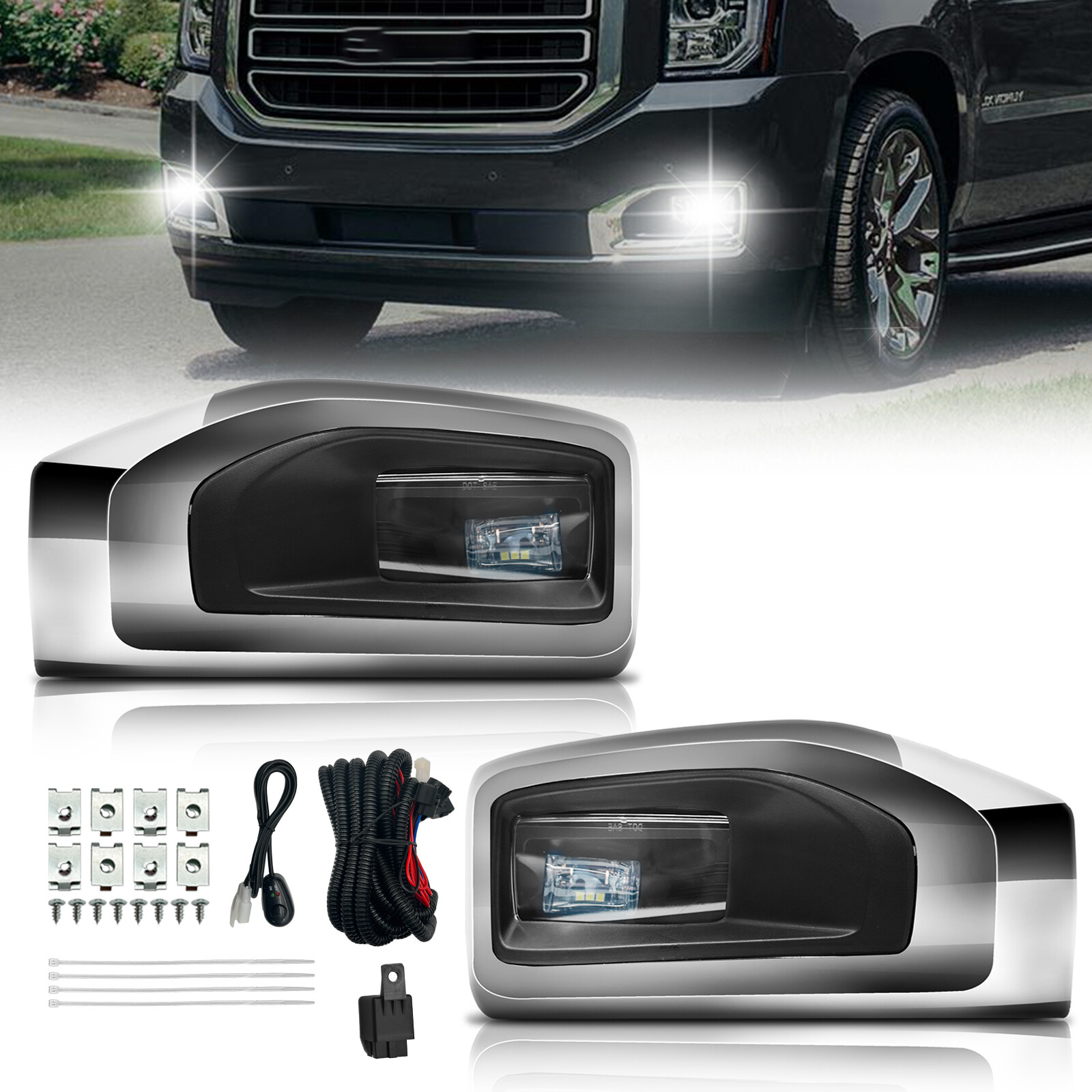 LED Fog Lights Bumper Lamps For 2015-2018 GMC Yukon/ Yukon XL with Chrome Bezels