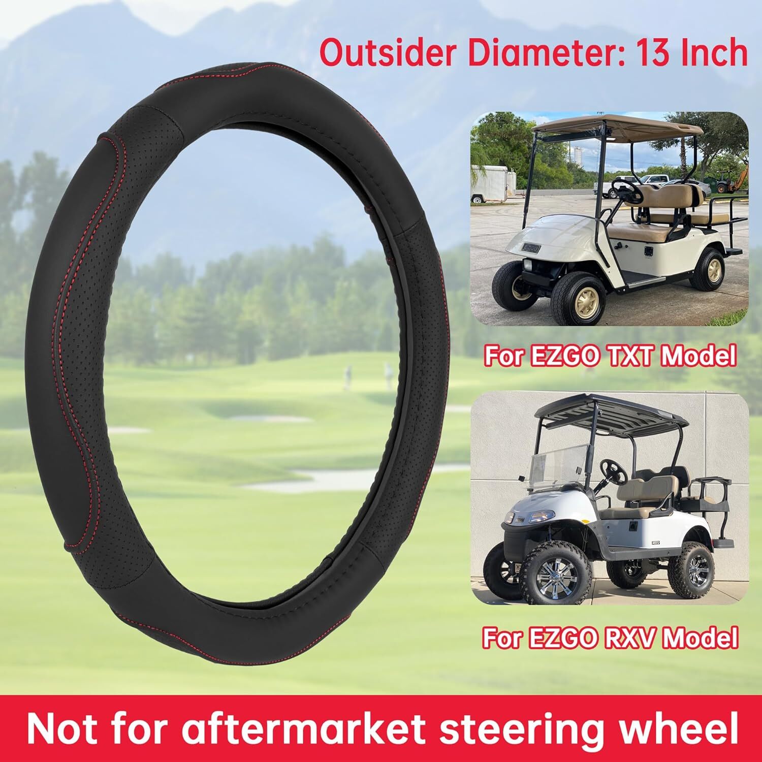 13” Golf Cart Steering Wheel Cover for EZGO TXT RXV, PU Leather, Black+Red