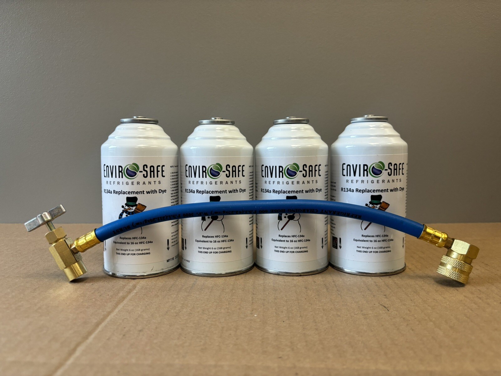 Envirosafe R134a Replacement Refrigerant with dye, 4 CANS, Charging Hose.