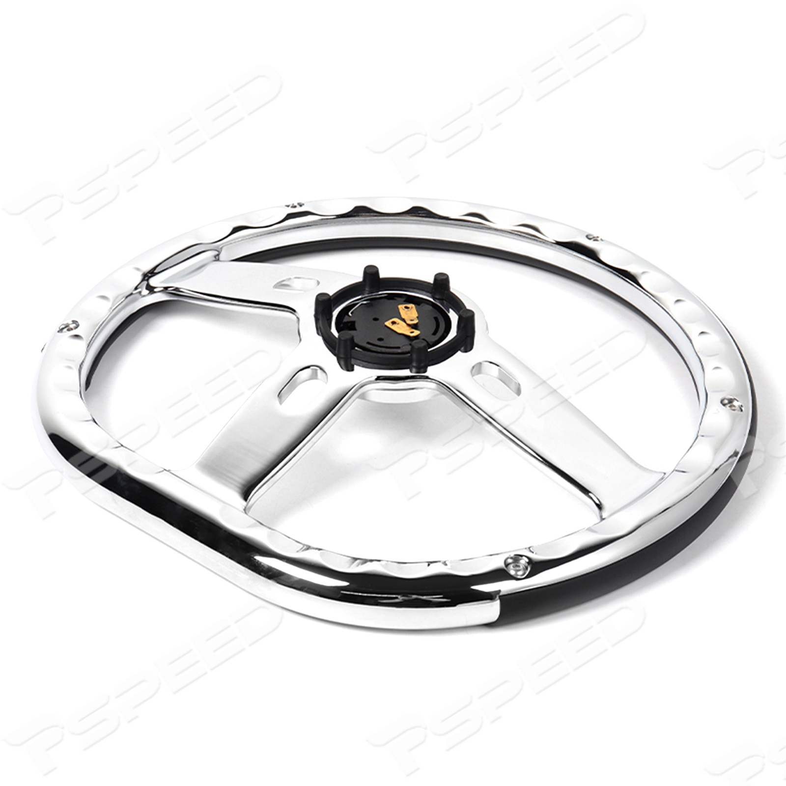 D-Shape 14″ 6-Bolt Car Truck Steering Wheel Microfiber Leather Wrap Chrome Spoke