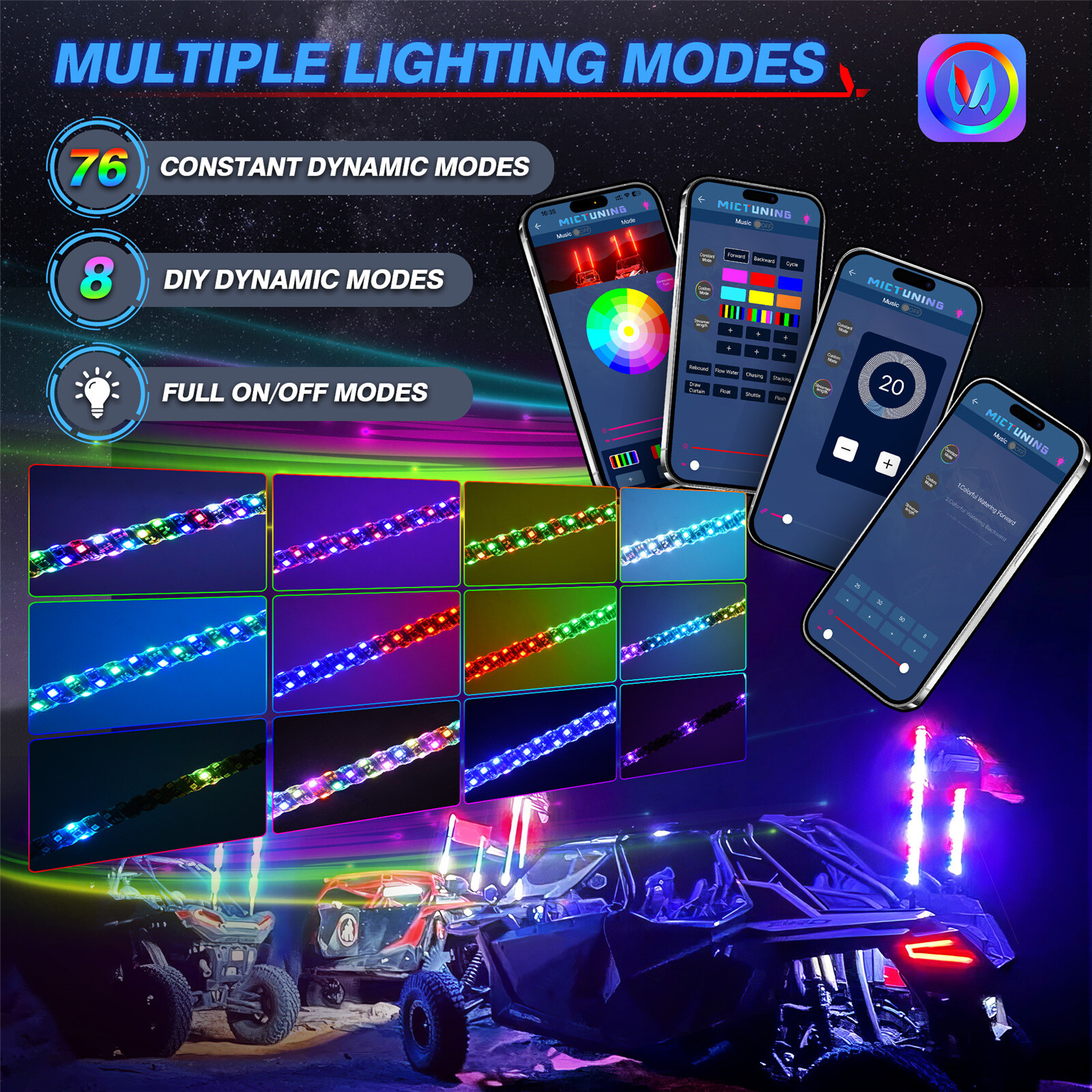 2pcs 1FT COB Fat Whip Light,RGB+IC Chasing Antenna Whips for ATV UTV SXS RZR