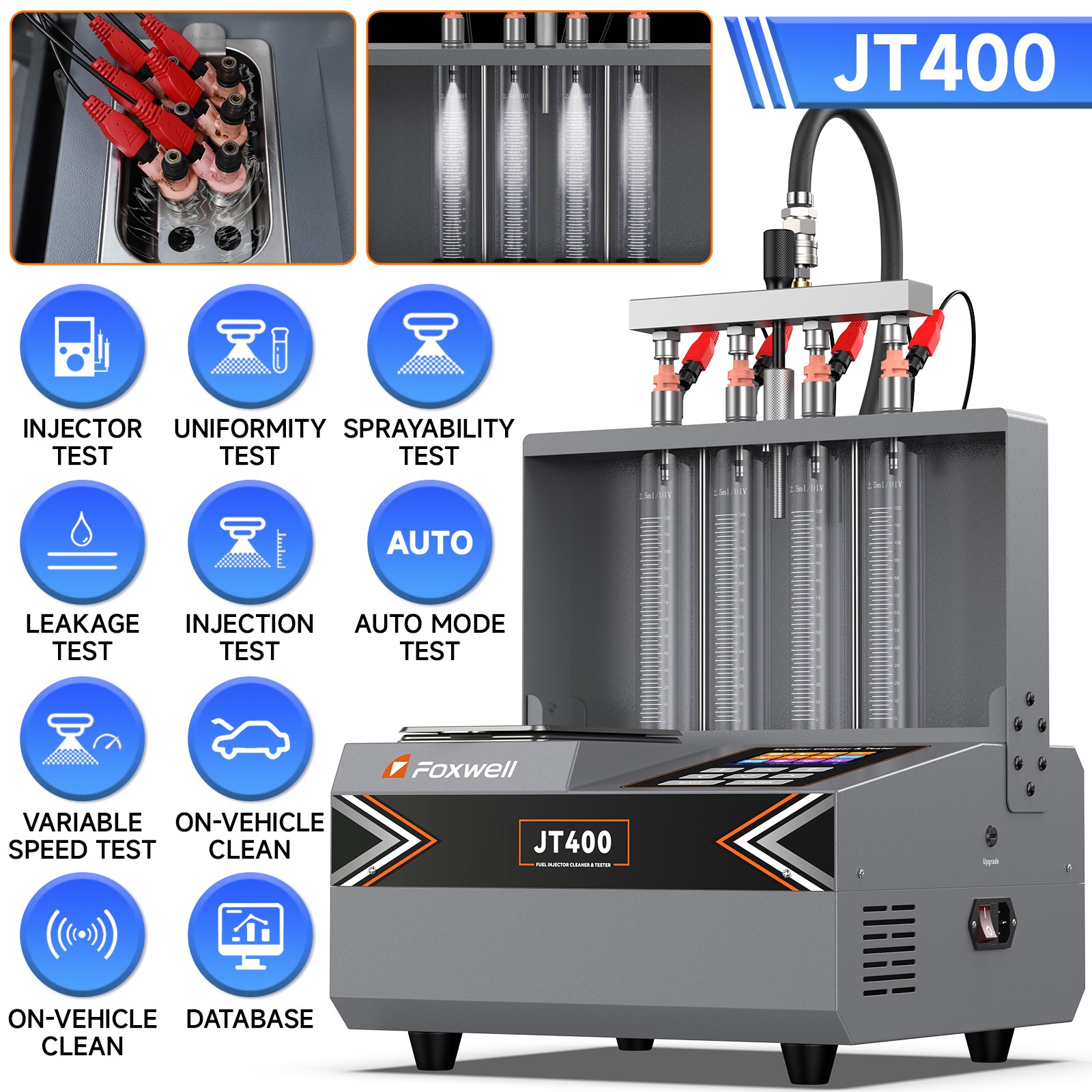 FOXWELL JT400 4Cylinder GDI EFI Fuel Injector Ultrasonic Cleaning Auto Mode Test