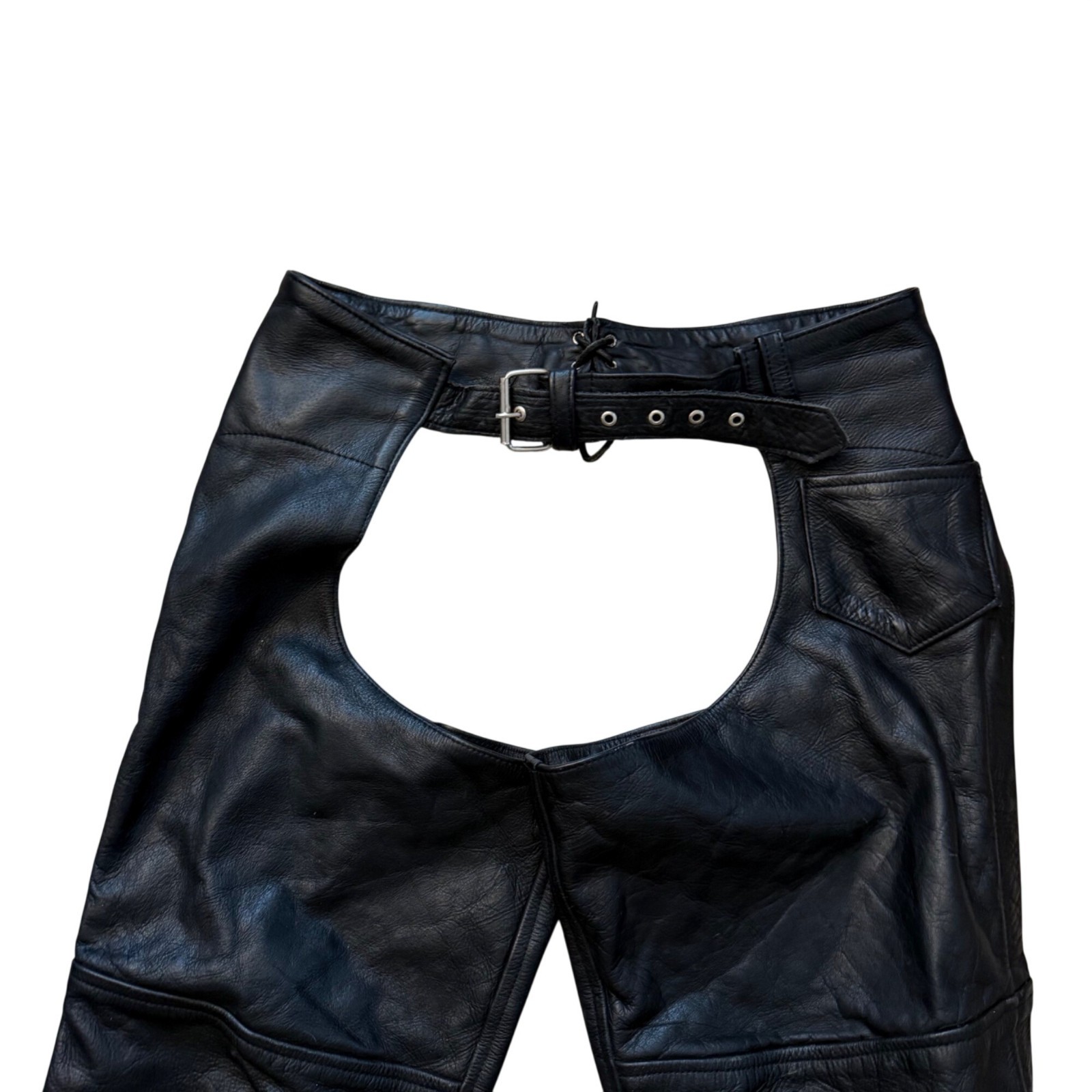Black Leather Motorcycle Chaps With Adjustable Waist & Snap Closure