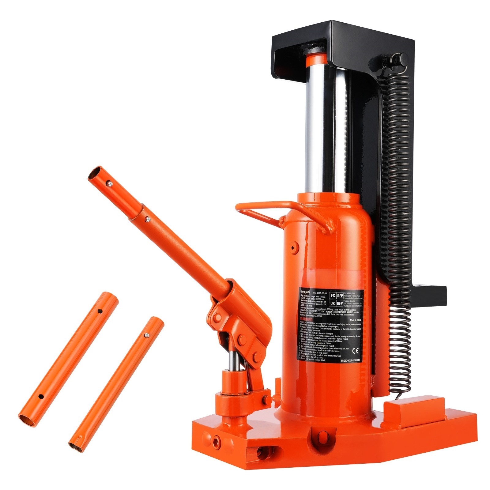 VEVOR Hydraulic Machine Toe Jack Lift Lifting Capacity 10 Ton Toe 20 Ton Top