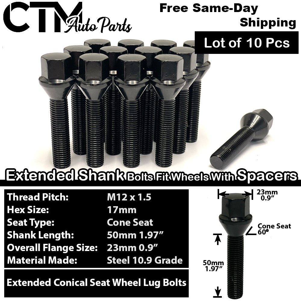 10x BMW Mini Black 12×1.5 Wheel Lug Bolt 50mm Shank E-Body with 20-25mm Spacers