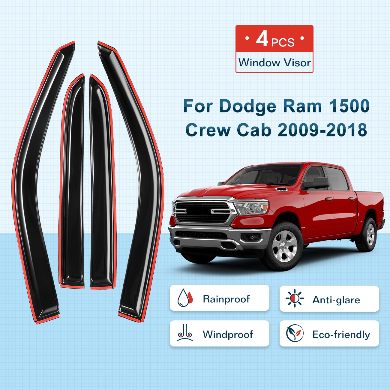 For 2009-2018 Dodge Ram 1500 Crew Cab Window Visor Vent Rain Guards Tape-on