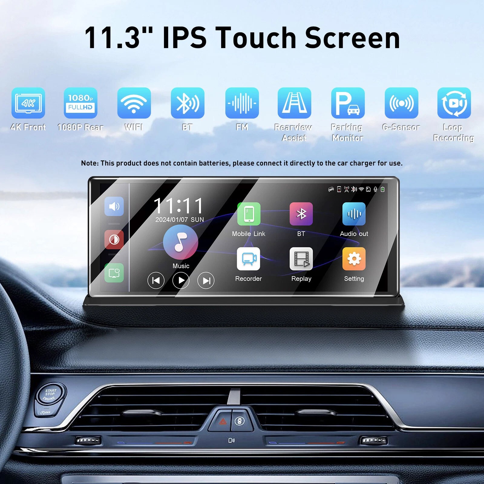 11.3 inch Car Multimedia Player Wireless Carplay Android Auto Dash Cam VideoQc