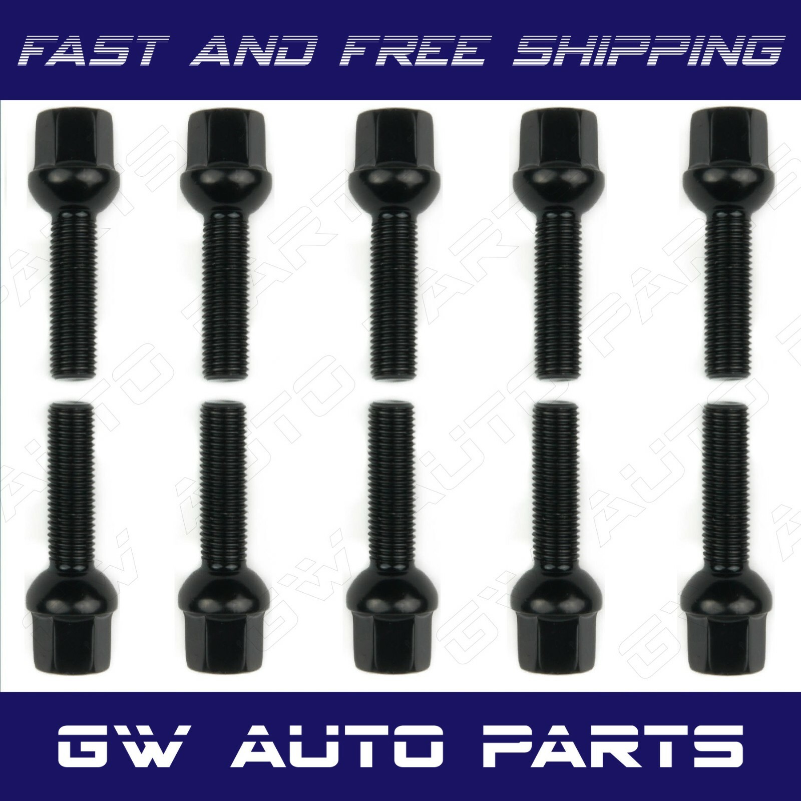 10 PCs Black M14x1.5 Ball Seat Lug Bolts 50mm/1.97″ Shank Fit Volkswagen Volvo