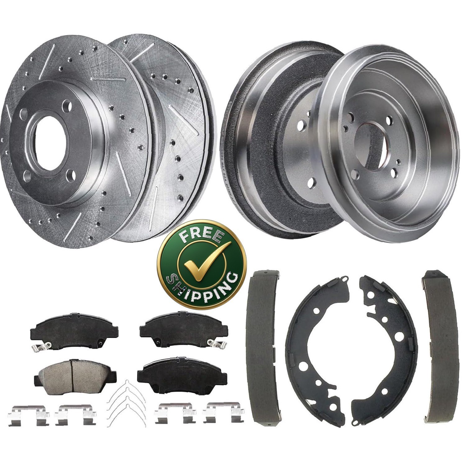 Front 262mm Drilled Rotors Brake Pads Rear Drums Shoes for 2009-2013 Honda Fit