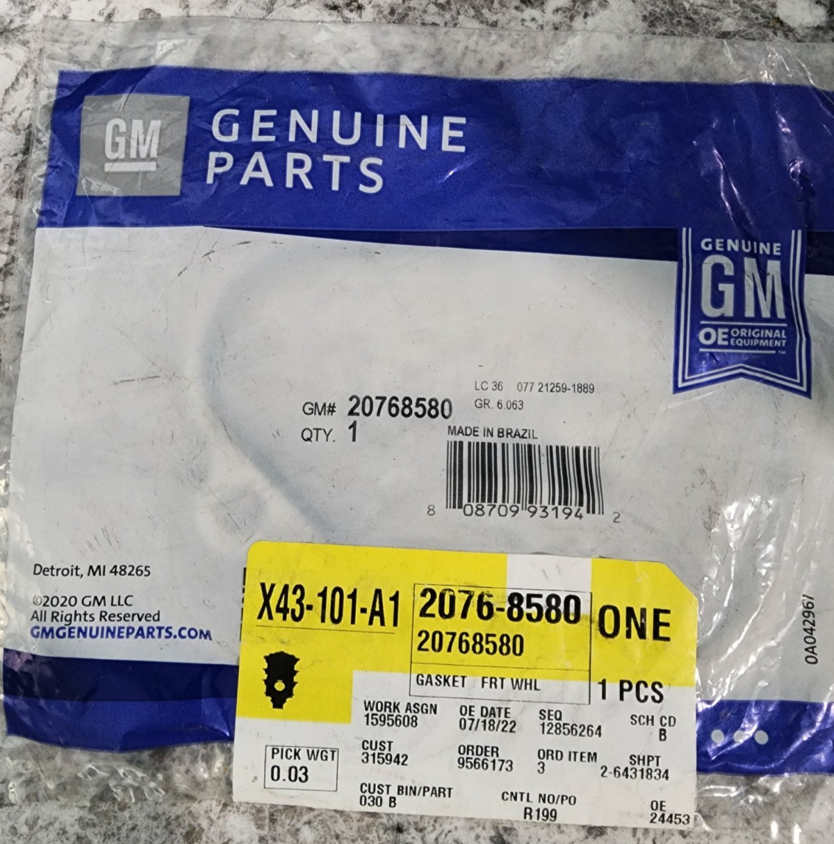 Genuine GM Front Wheel Drive Intermediate Shaft Housing Gasket 20768580 OEM NEW!