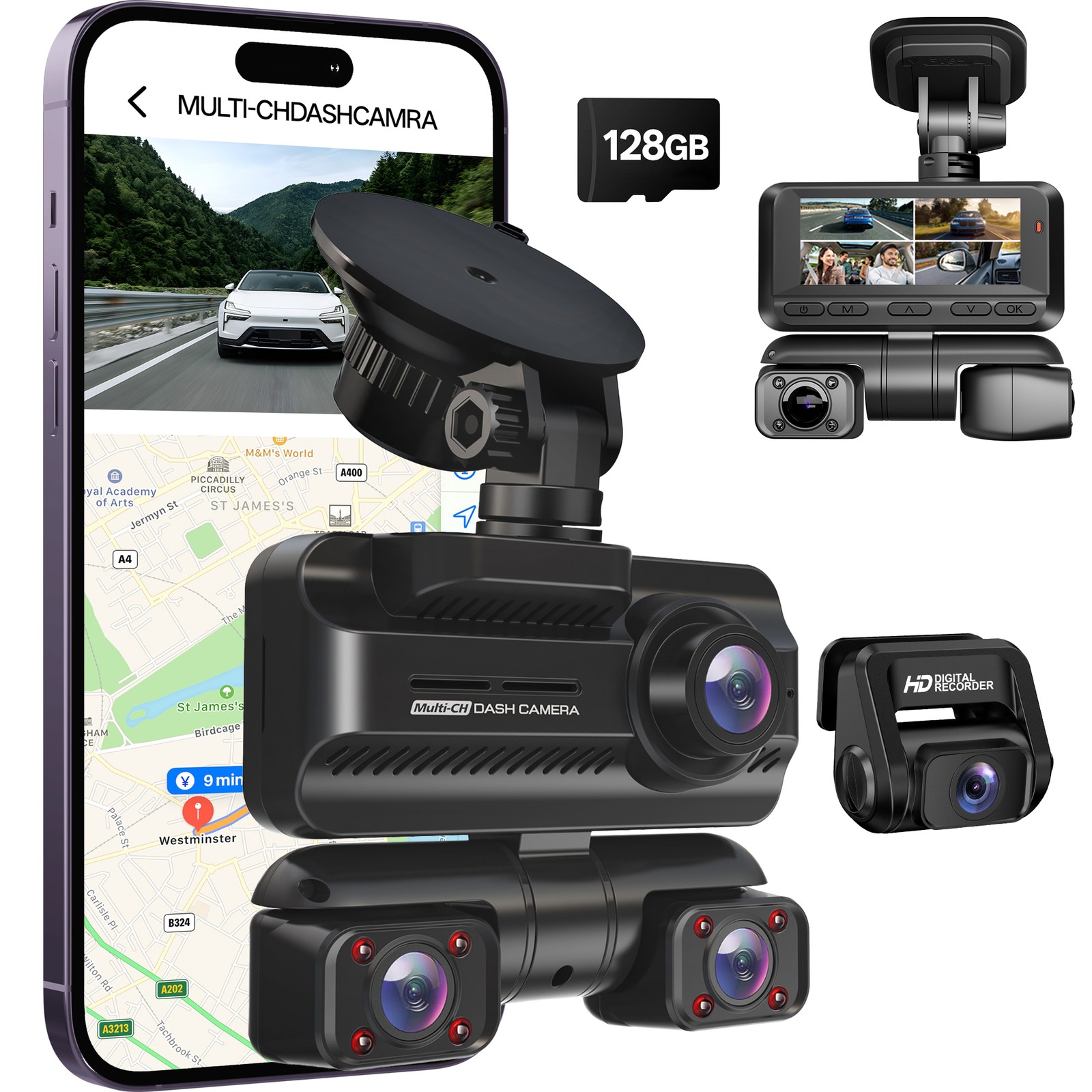 Dash Camera 4K Front & Rear & Inside Motion Detection Dash Cam Built-In WiFi GPS