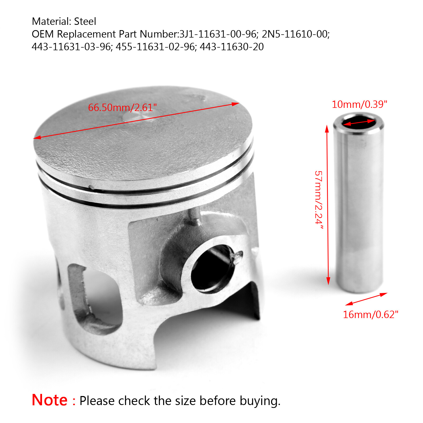Piston Pin Kit Bore Size Ø66.50mm Fit Yamaha DT175 MX175 YT175 74-81 +0.50MM US