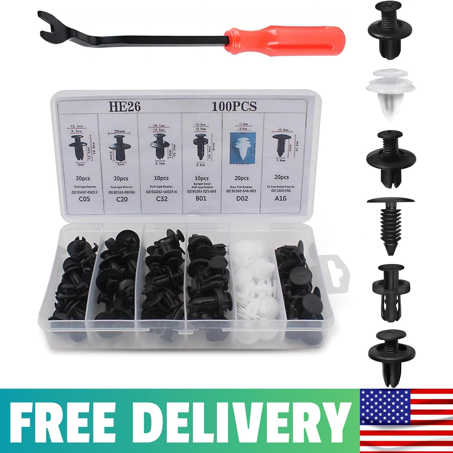 100PCS Car Clips, Bumper Retainer Clips, Car Rivets Fasteners Retainer Kit,