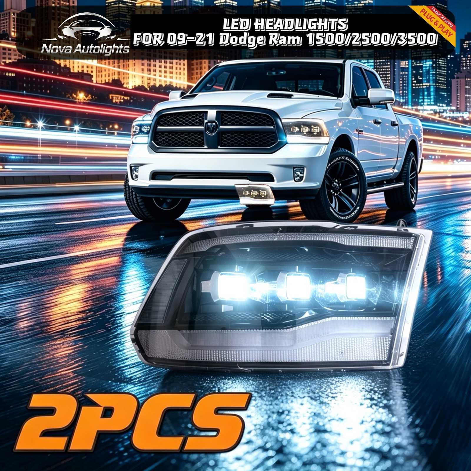 LED Projector Headlight Fit 2009-21 Dodge Ram 1500/2500/3500 w/Startup Animation
