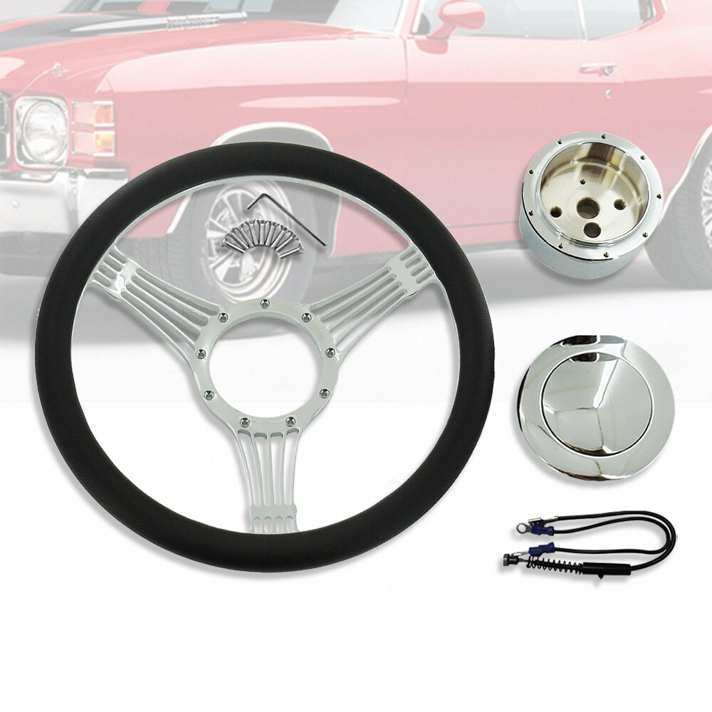 Universal 14″ Banjo Chrome Billet 3 Spokes Steering Wheel w/Horn Button &Adapter