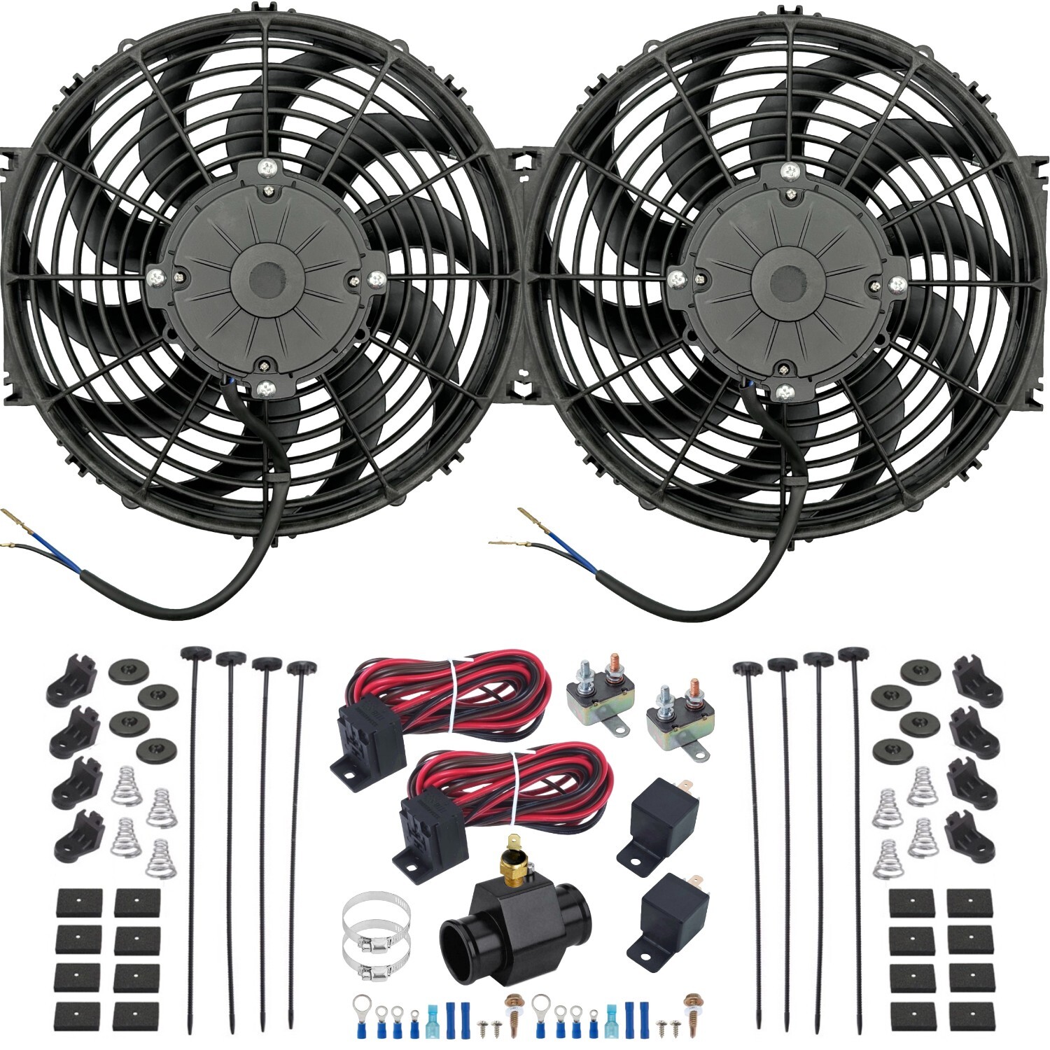 DUAL 12-13 INCH 180W ELECTRIC FAN 38MM RADIATOR HOSE FITTING THERMOSTAT SWITCH