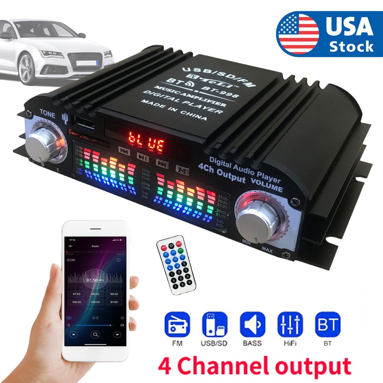 1600W Peak 4 Channel Bluetooth Car Amplifier Stereo HiFi Audio Amp FM Radio USB