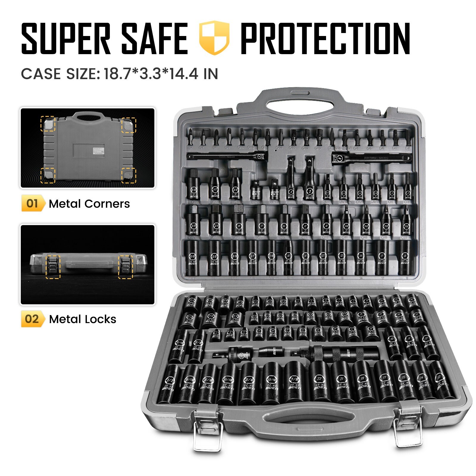 119 Piece Impact Socket Set, 1/2″3/8″ Drive,Deep/Shallow,SAE/Metric,6 Point