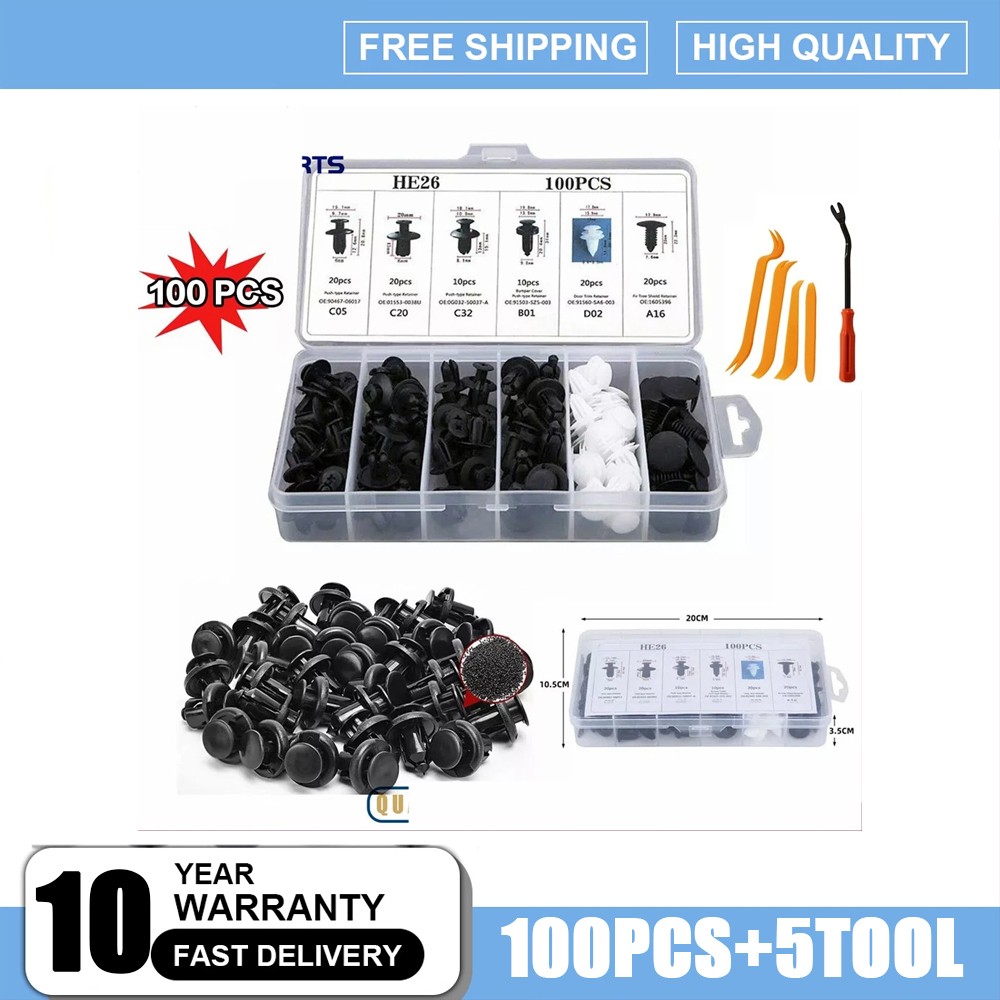 Set of 100 x Bumper Grille Clip Push Type Retainer Clips 6 Size Assortment +Tool
