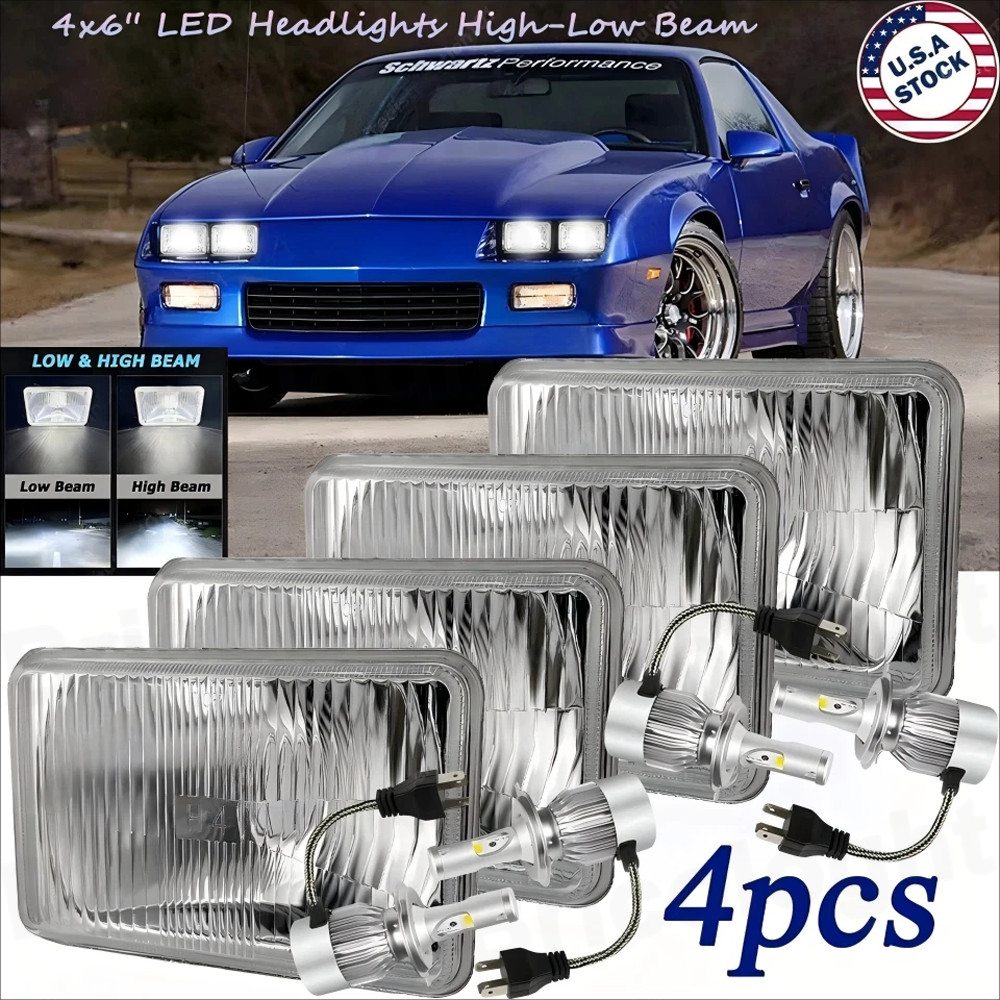 4PCS 4×6″GLASS LED Headlights Hi/Lo Fit Chevrolet Camaro Iroc-Z Z28 RS 1982-1992