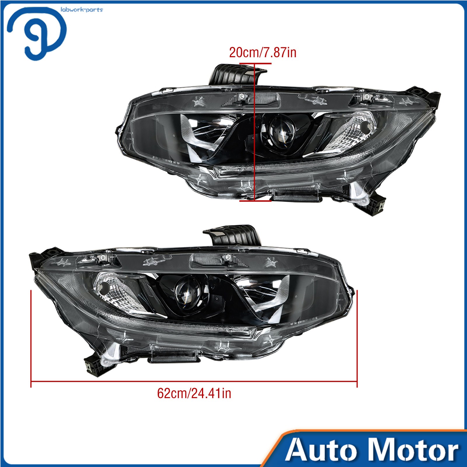 Right & Left For Honda Civic 2016-2021 Halogen W/DRL Black Headlights Projector