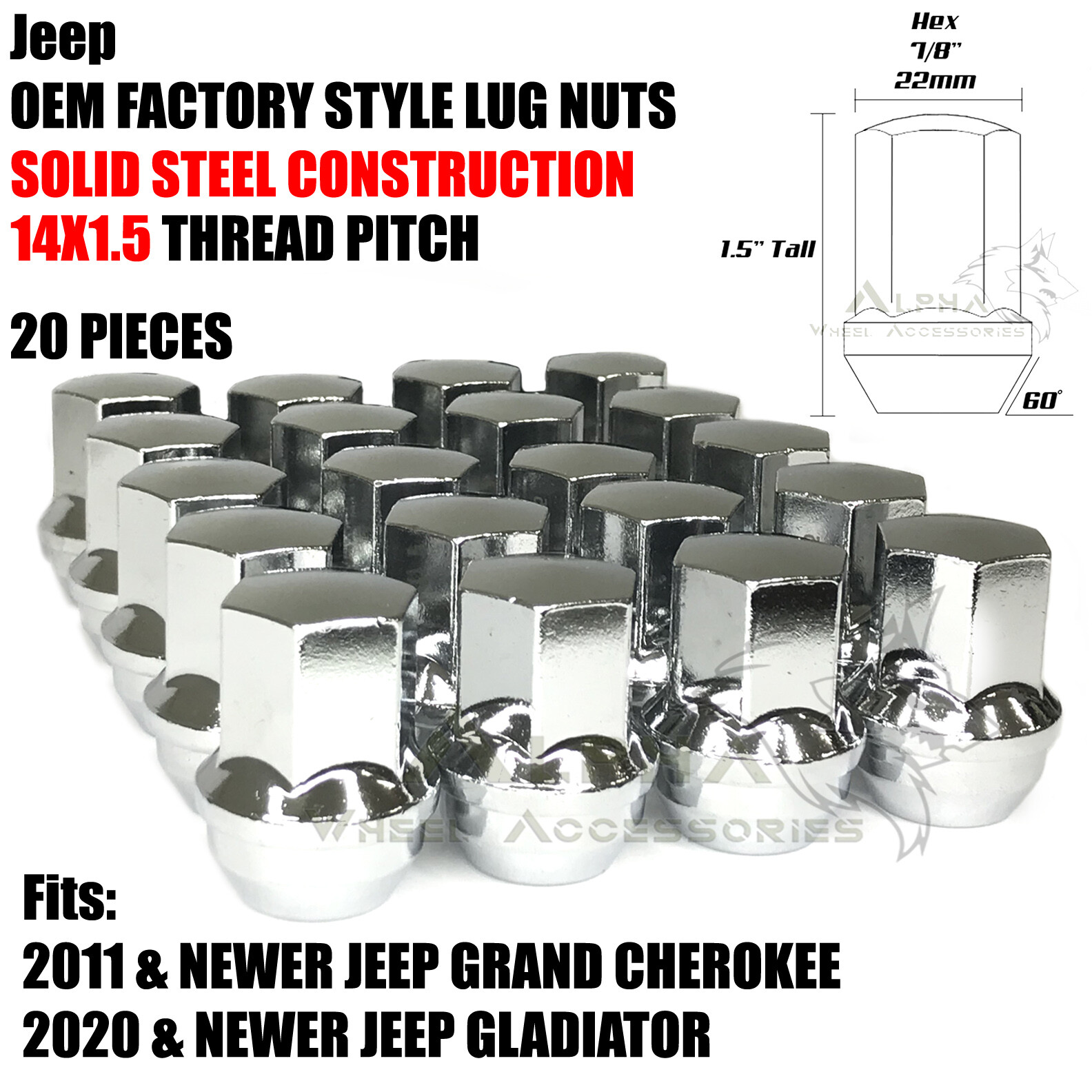 20 Chrome OEM Factory Style Lug Nuts M14x1.5 For Jeep Grand Cherokee Gladiator