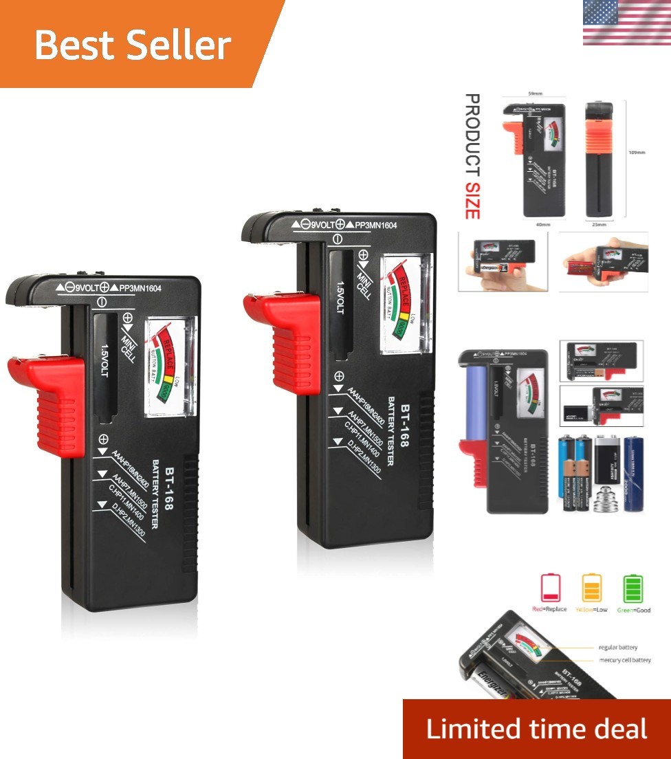 2Pcs Universal Battery Tester Checker for AA AAA C D 9V 1.5V Button Cell Batt…