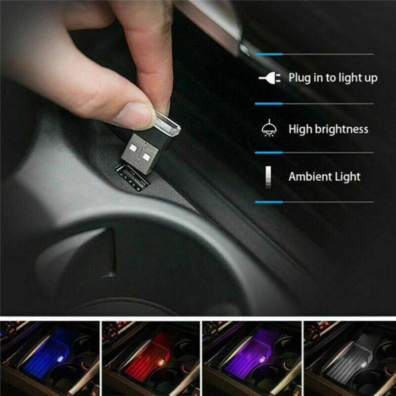 2PCS USB LED Car Neon Atmosphere Ambient Bright Lamp Light Accessories Universal
