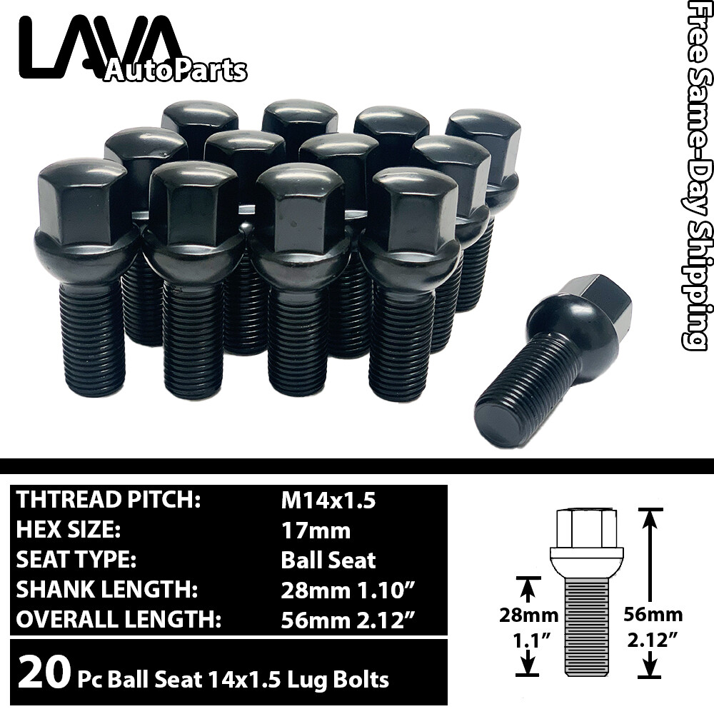 20 PCS BLACK 14X1.5 BALL SEAT LUG BOLT 28MM SHANK FIT PORSCHE STOCK WHEEL&MORE