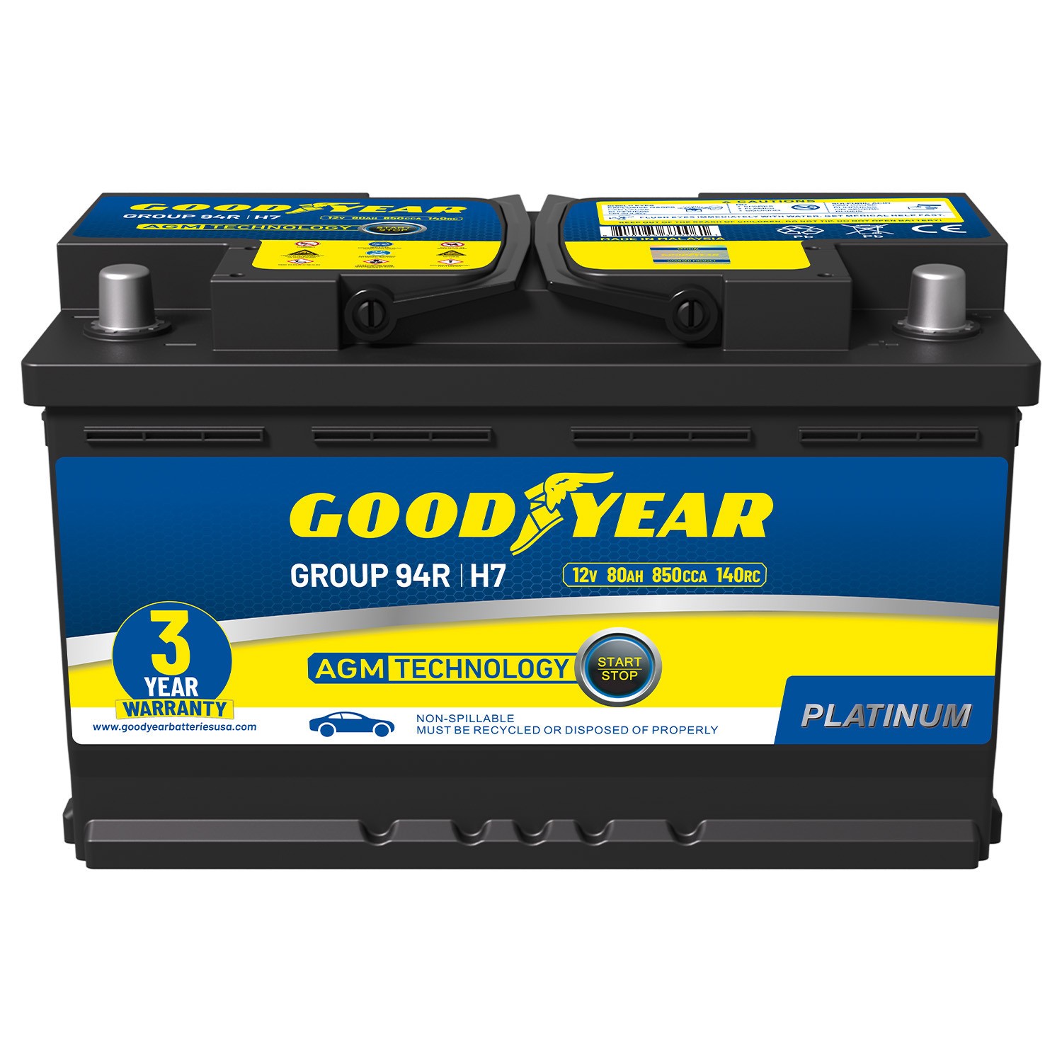Goodyear Group 94R 12V 80 AH, 140RC, 850 CCA Platinum AGM Automotive Battery