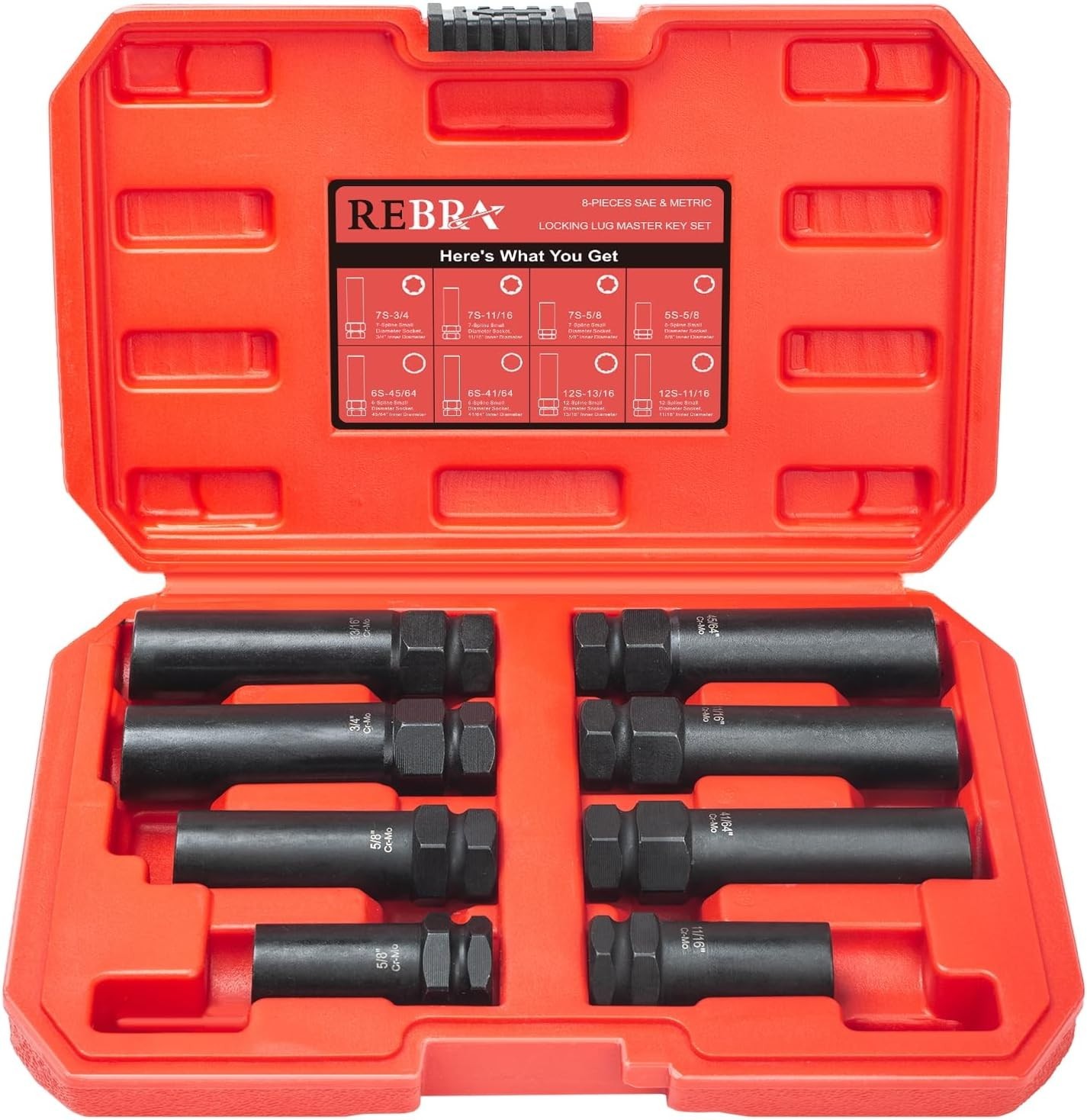 REBRA 6 Spline & 7 Lug Nut Socket Set, Drive Wheel Lock Key, 8-Pieces