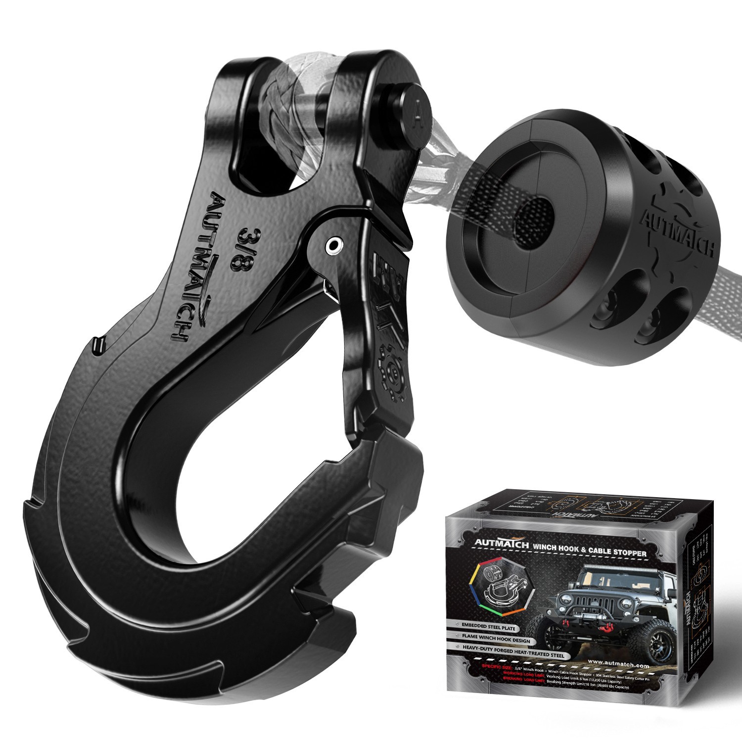AUTMATCH Forged Steel 3/8″ Winch Hook with Grade 70 Safety Latch 39600Lb for ATV