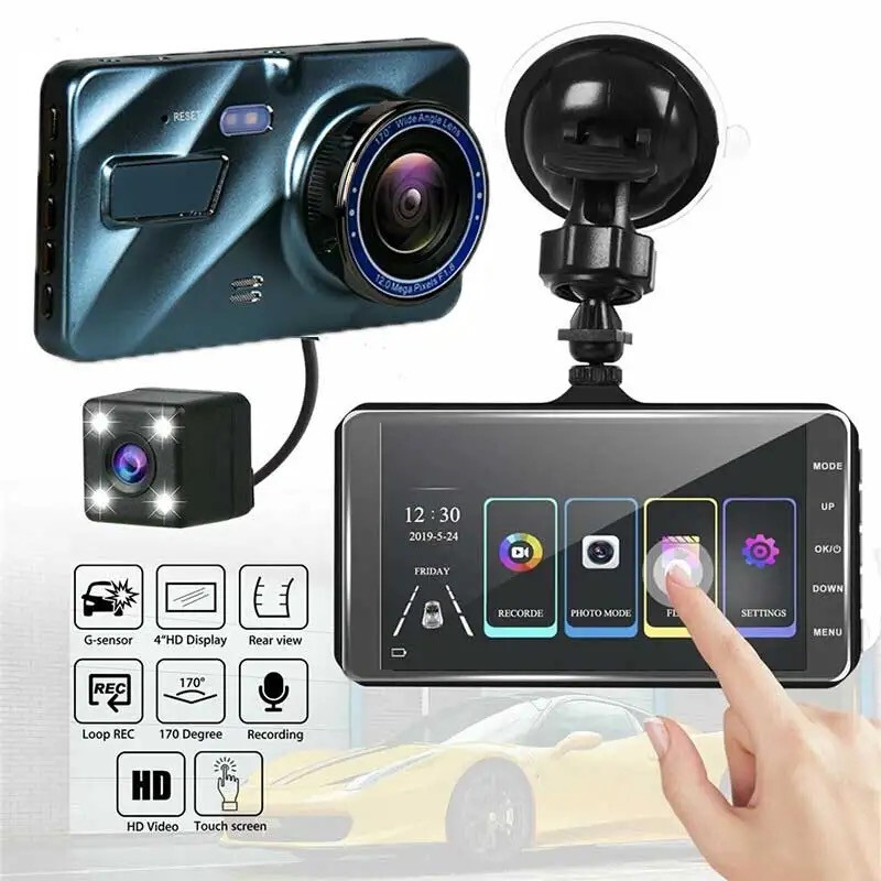 Touch Screen Dash Cam 4″ 1080P Front/Rear Camera Dual Lens Car DVR Recorder