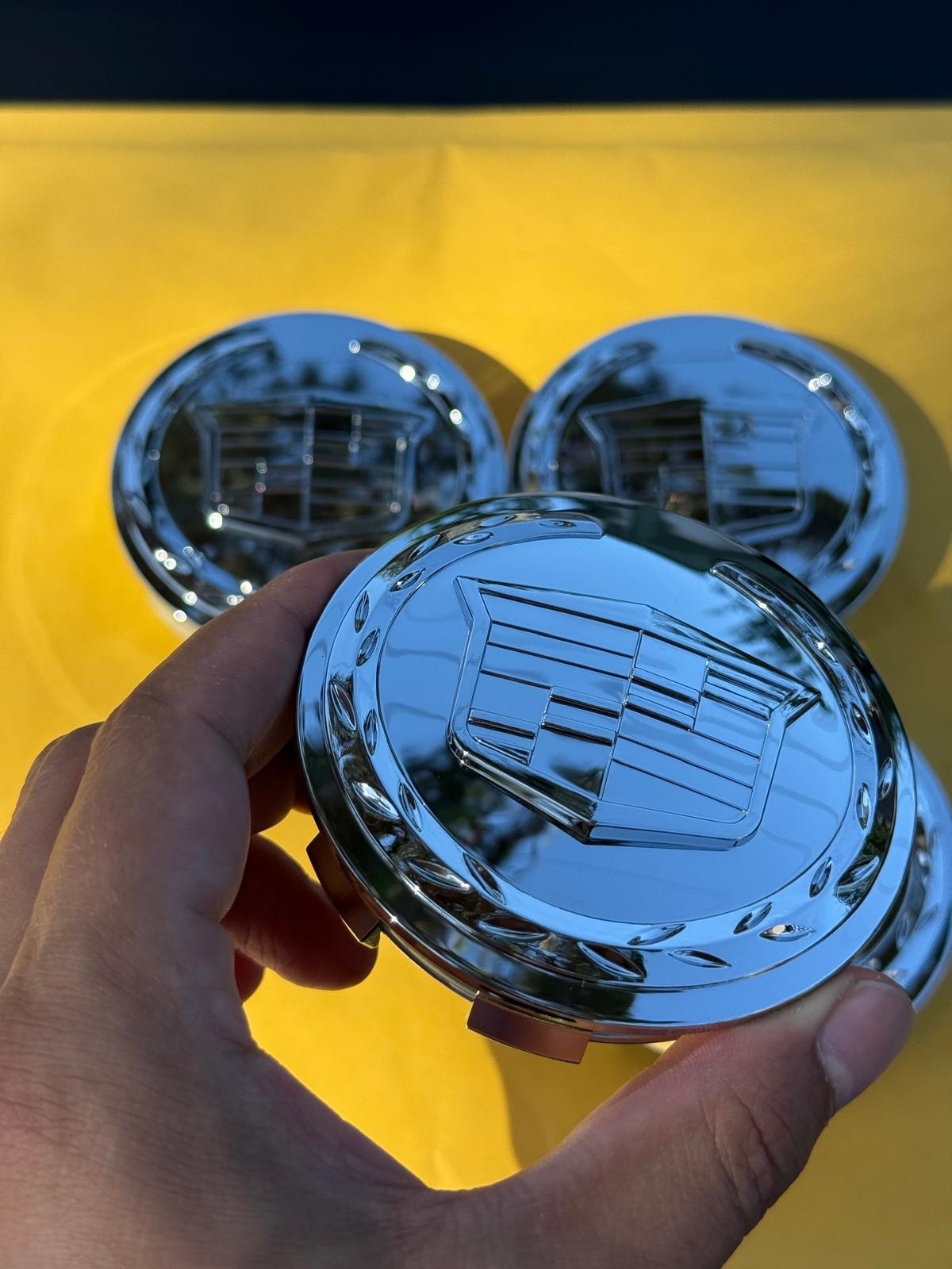 4 X Cadillac FULL Chrome Center Caps 83MM, Satisfaction Guaranteed!