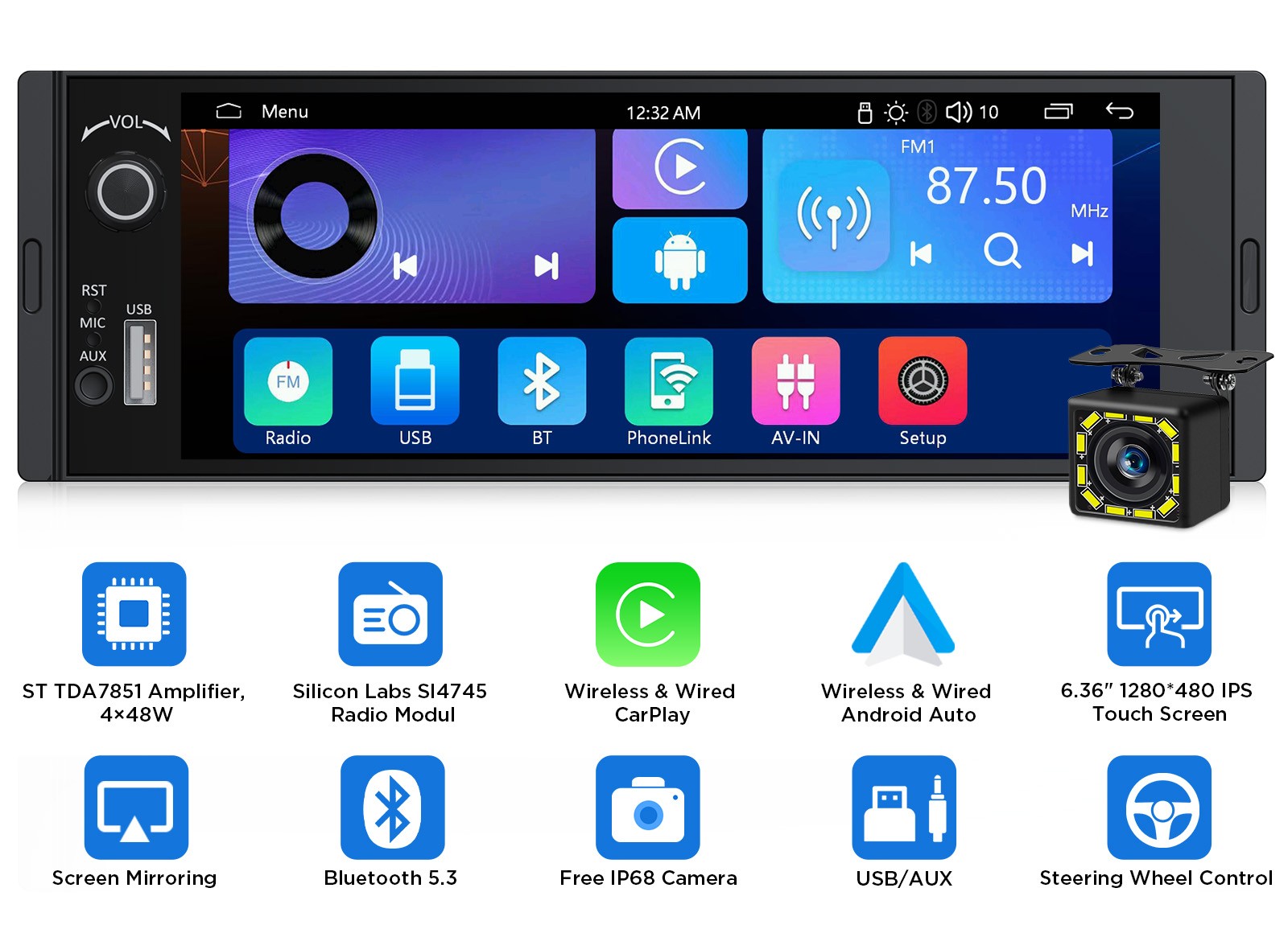 Single 1 DIN 6.36″ Touchscreen Stereo Wireless CarPlay Android Auto w/ Bluetooth