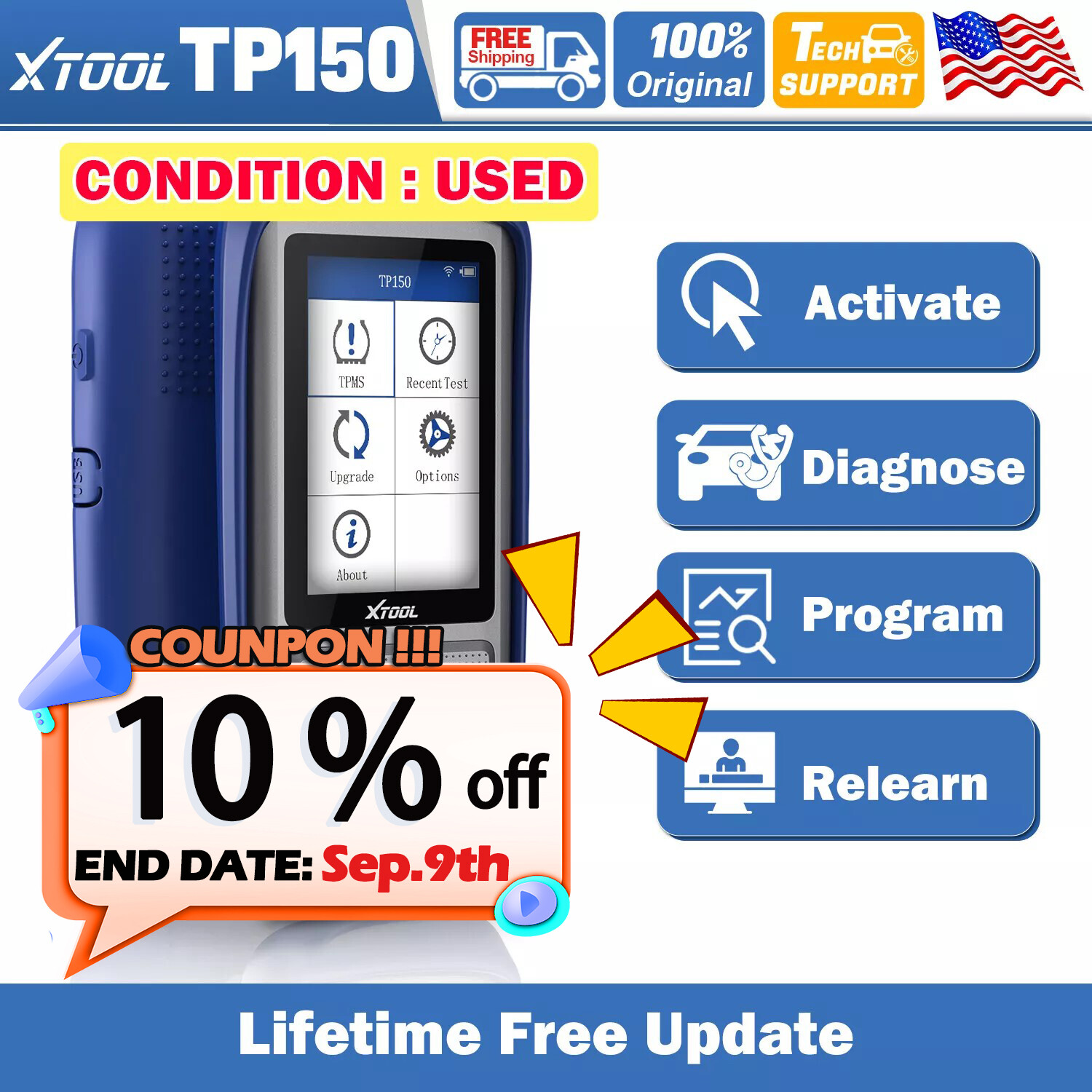 USED XTOOL TP150 Tire Pressure Monitor System Active Diagnose Relearn Reset Tool