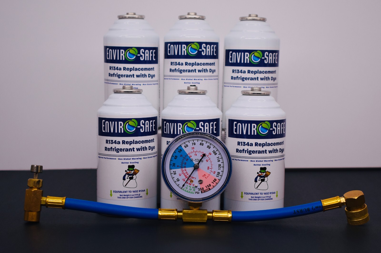 R134a Replacement Refrigerant with dye, 6 CANS, Brass Gauge.
