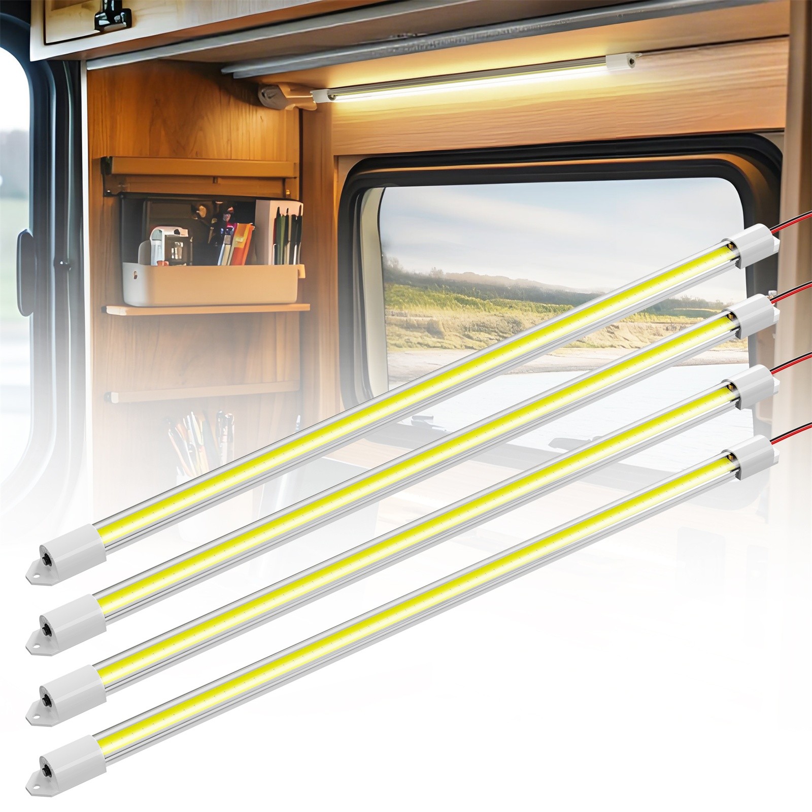 4Pcs 12V Interior LED Light Bar, COB Light Strip w/ON/Off Switch for Trailer Car