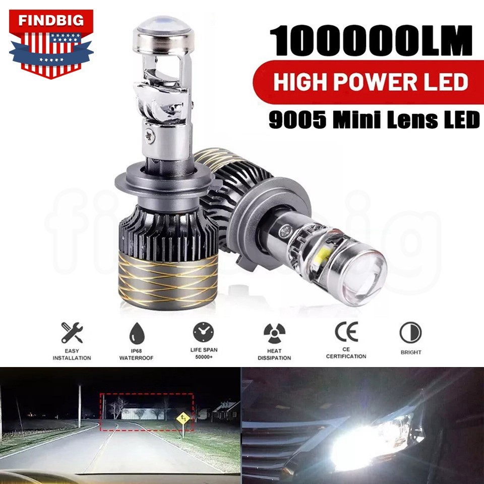 9005 HB3 200W Mini Bi LED Projector Lens Headlight Kit 100000LM 6000K White 2X