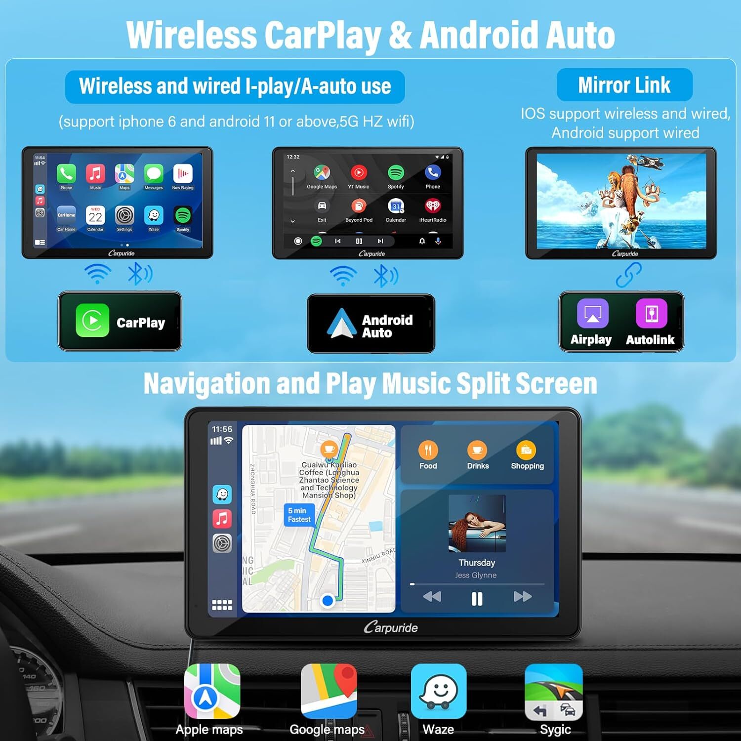 Carpuride C3 Wireless Portable Apple Carplay Car Stereo 7 Inch IPS Touch Screen
