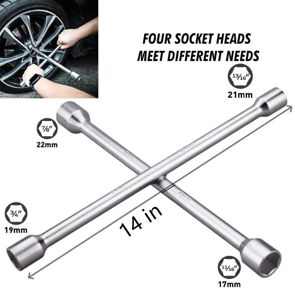 Heavy Duty 4-Way Tire Iron 14″ – Universal Lug Wrench for Cars Trucks SUV