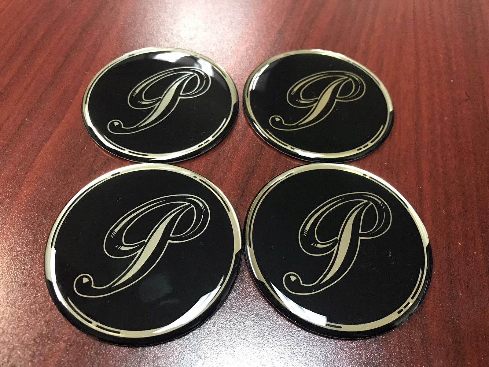 Black “P” Wheel Center Hub Cap Sticker Decal 2.60″ DIA, Brand New, Set of 4